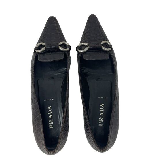 Prada 37 Leather Pointy Toe Brown Low Block Heel Pumps Metal Italy Womens - Picture 8 of 14